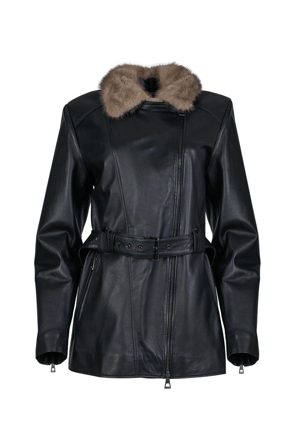 VIARA- Women's Leather Jacket with Fur Collar