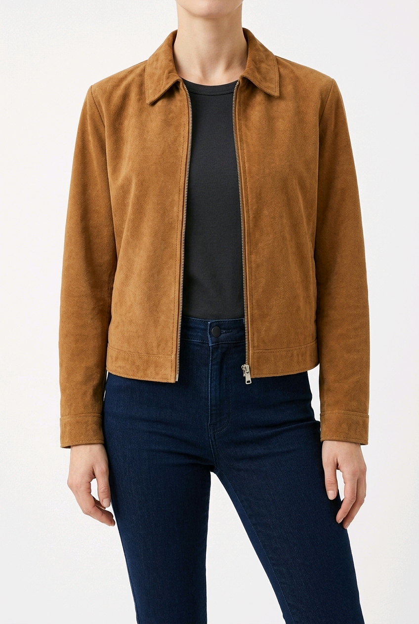 A woman wearing a cropped tan suede jacket over a black top and dark blue jeans, shown from the neck down against a plain white studio background.