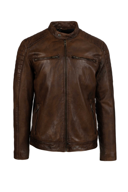 Walter men’s antique brown biker leather jacket, slim fit, quilted panels, zipper pockets, front view