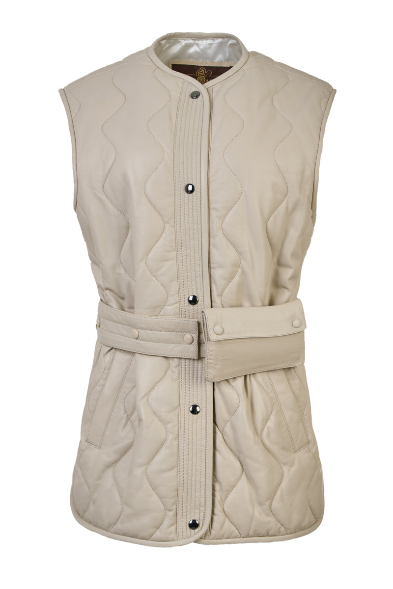 Women’s ivory leather vest, handmade nappa lamb leather, quilted design, belt with detachable wallet, regular fit, front view