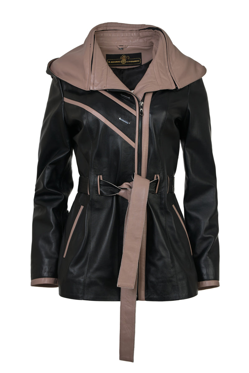 Women’s leather trench jacket with hood,  off-center zipper closure with leather belt, removable hood, custom orders front view