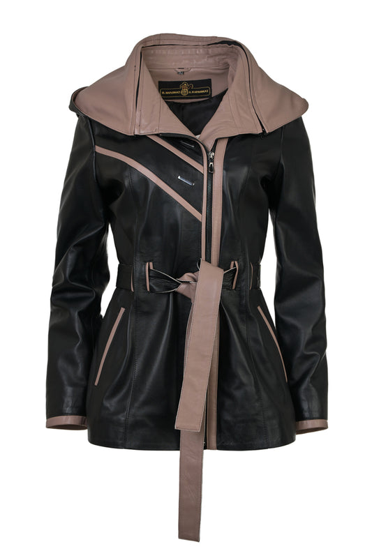 Women’s leather trench jacket with hood,  off-center zipper closure with leather belt, removable hood, custom orders front view