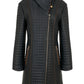 Women’s quilted leather coat, slim fit, high stand-up collar, off-center zipper closure, camel leather details, front view