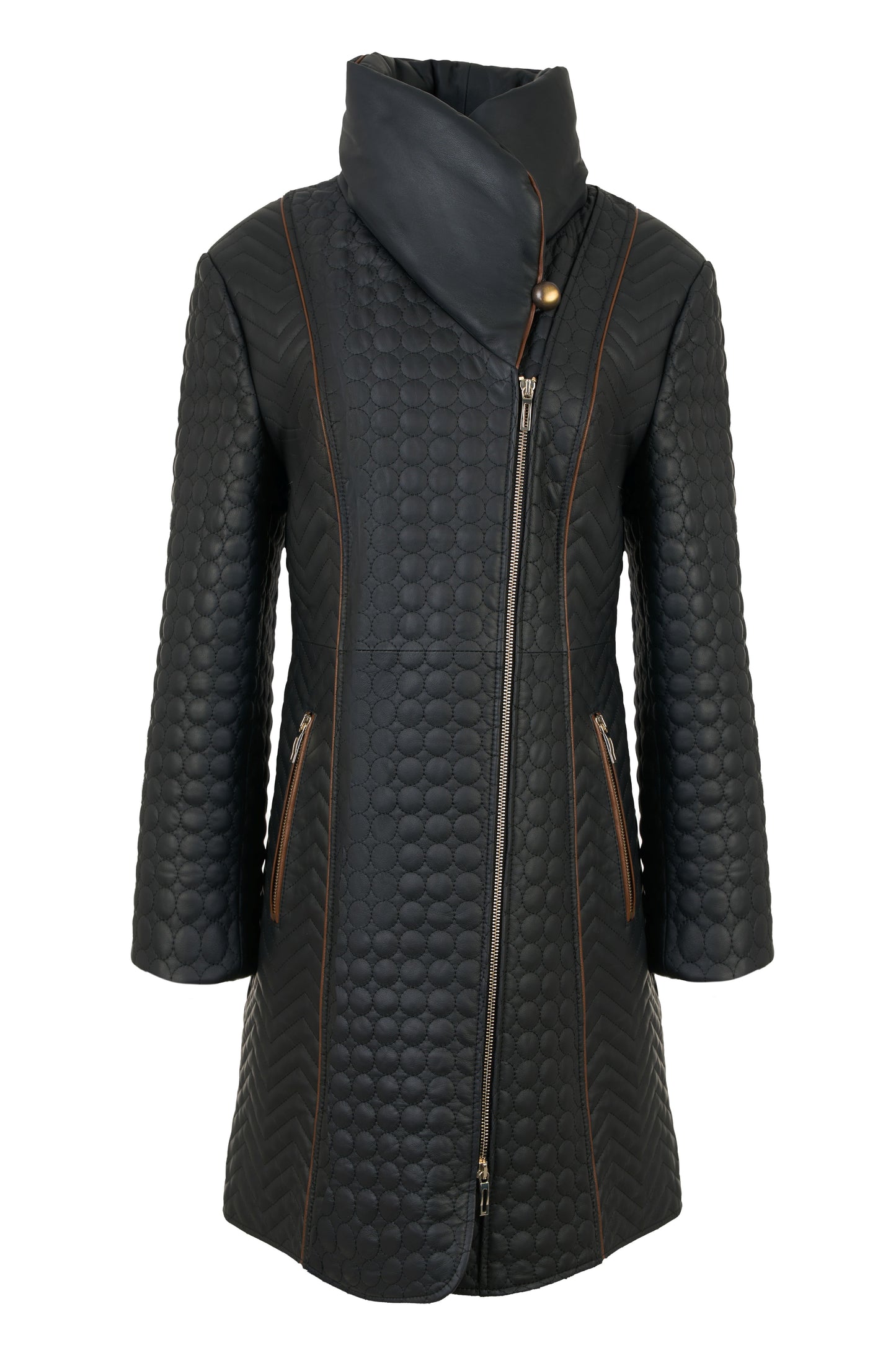 Women’s quilted leather coat, slim fit, high stand-up collar, off-center zipper closure, camel leather details, front view