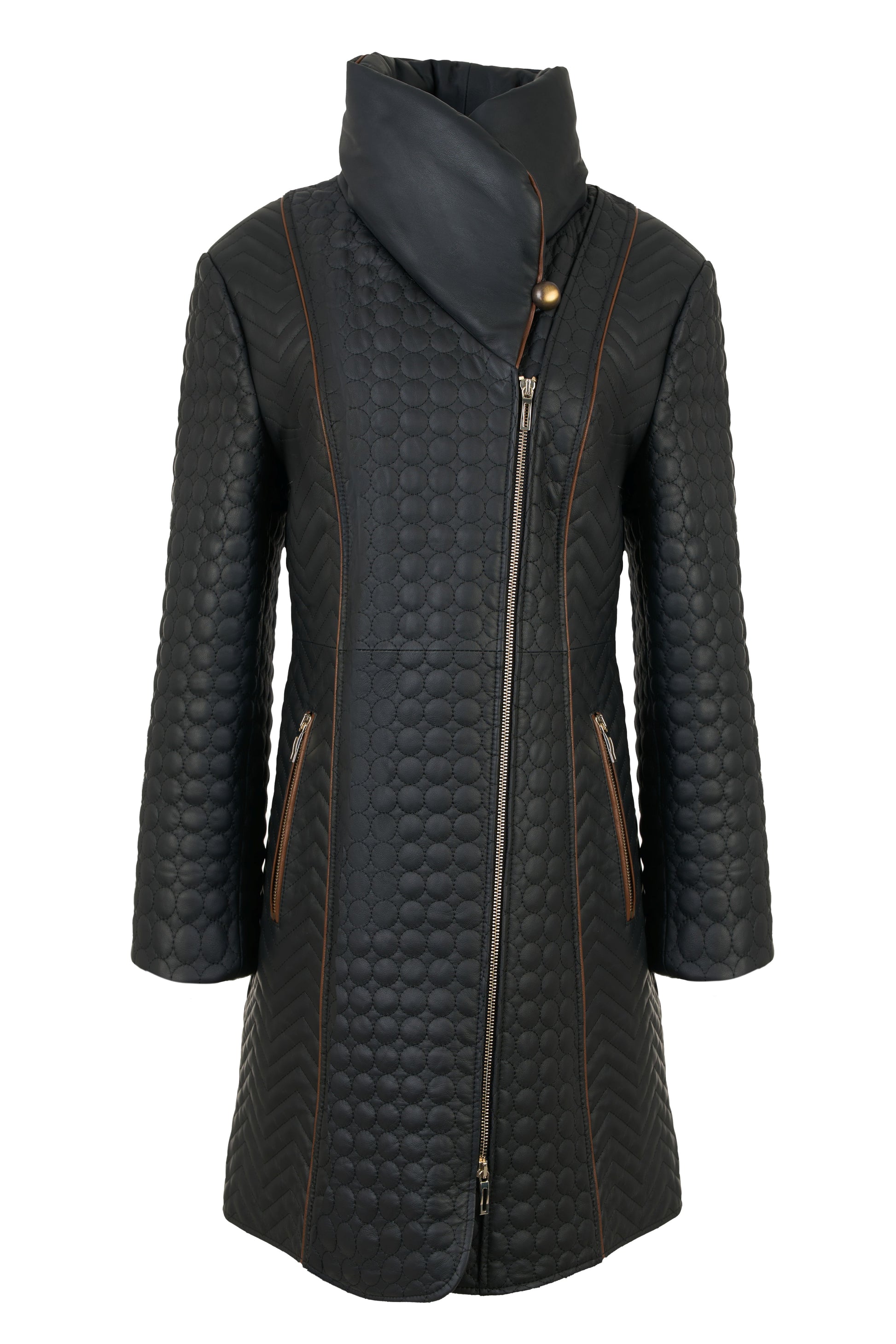 Women’s quilted leather coat, slim fit, high stand-up collar, off-center zipper closure, camel leather details, front view