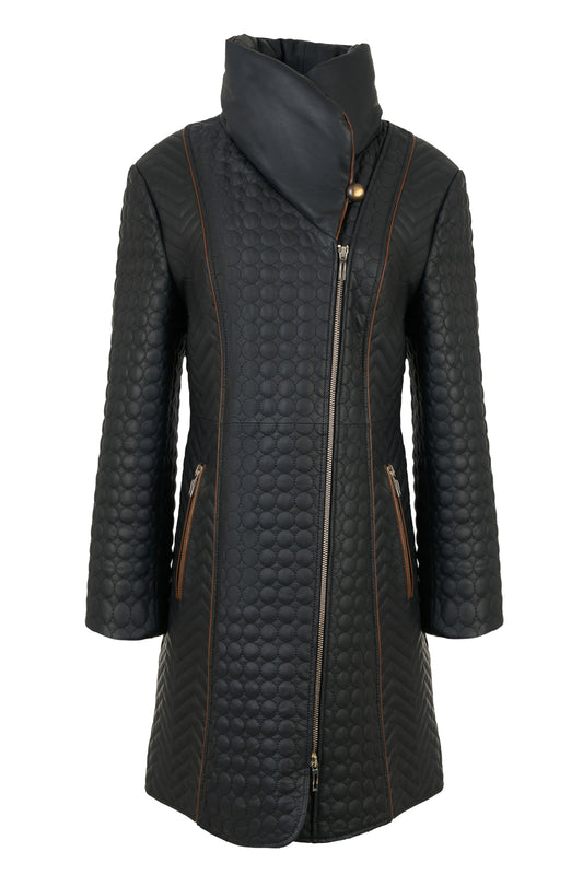 Women’s quilted leather coat, slim fit, high stand-up collar, off-center zipper closure, camel leather details, front view