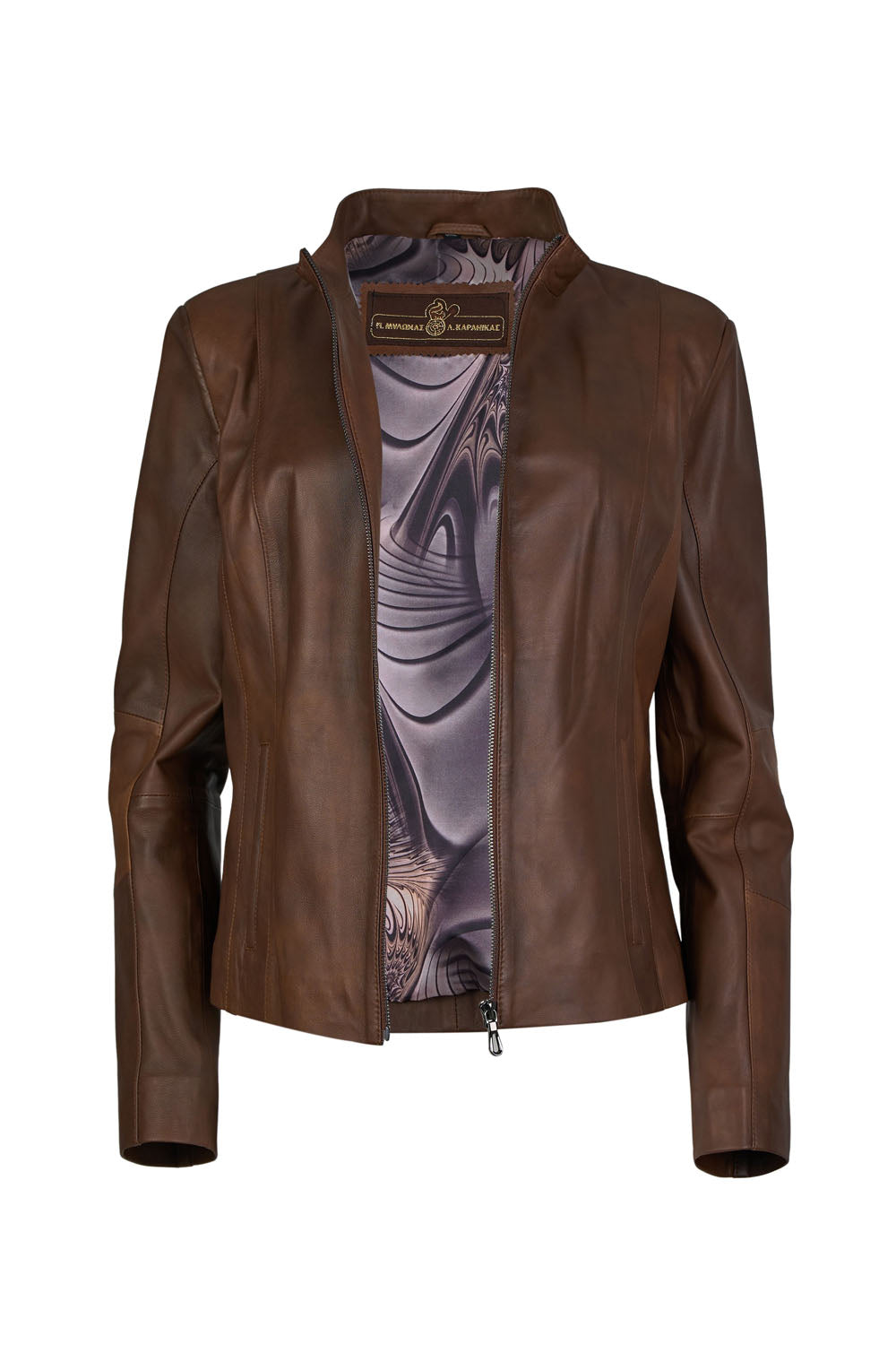 B94 - Γυναικείο Δερμάτινο Μπουφάν σε Κονιάκ  χρώμα