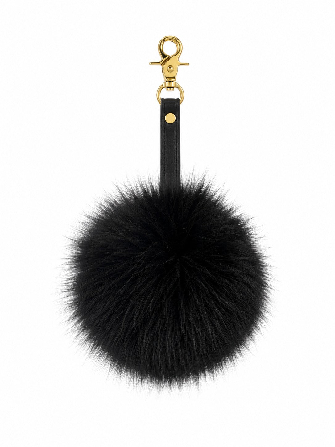Real Black  Fur pompom  Keychain with genuine leather strap
