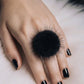 Black furry ring, Mink pompom ring, Mink finger ring with genuine leather.
