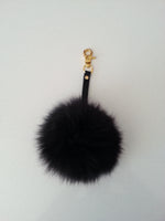 Real Black Fox Fur Keychain Keyring pompom with genuine leather strap