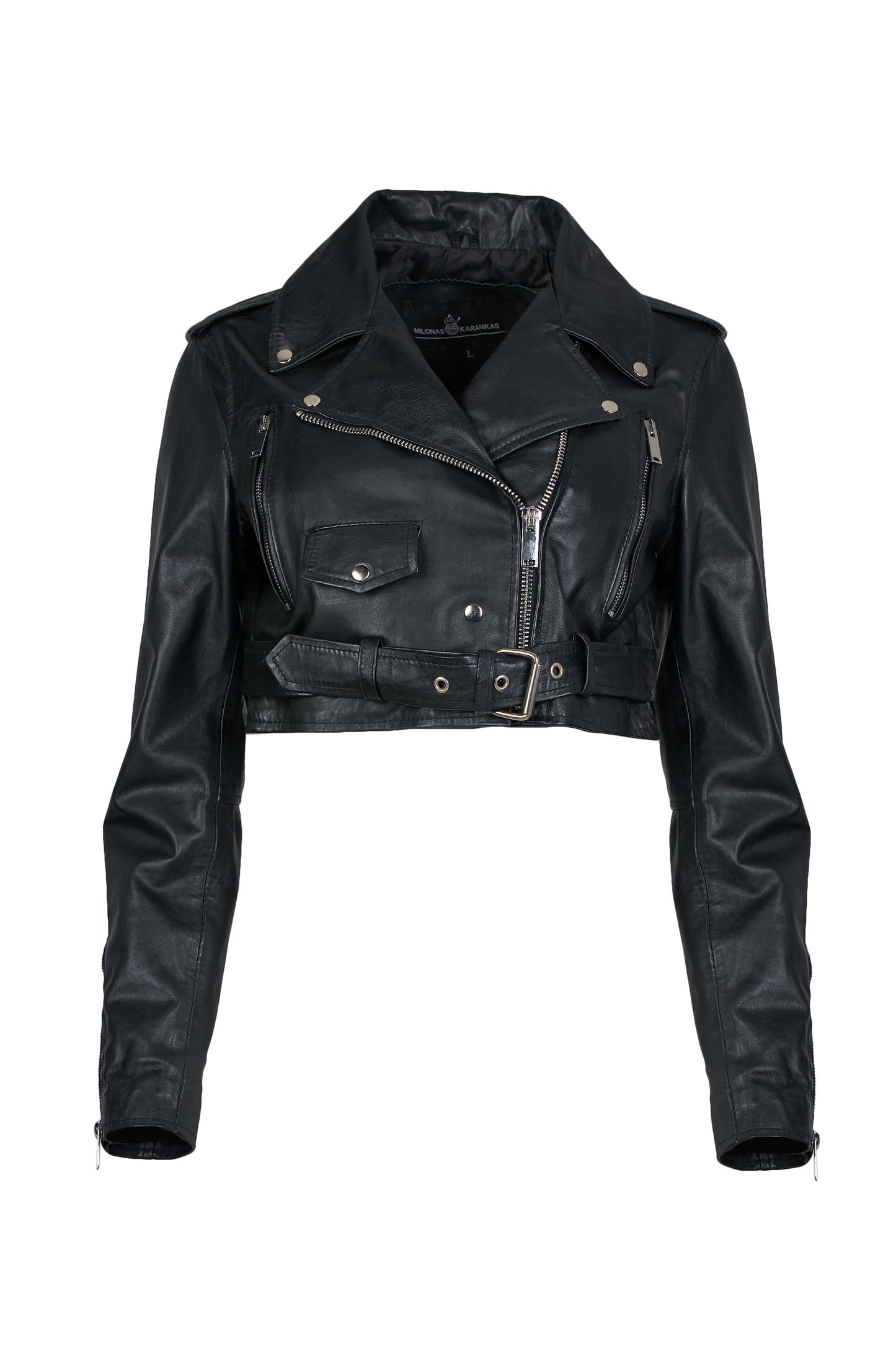 Women's Cropped Leather Jacket with Leather Belt