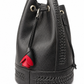 Black pebbled leather bucket bag with a drawstring closure, decorative stitching, a thick textured sole, and a red heart-shaped leather charm.