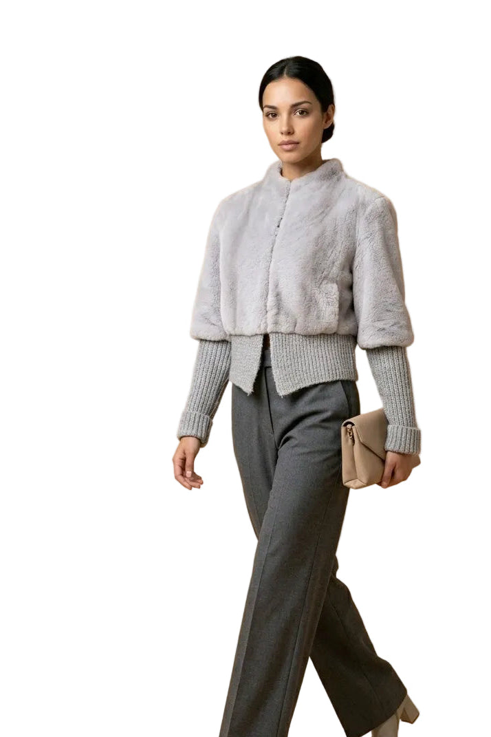 Real fur jacket with knit details in saphire mink color