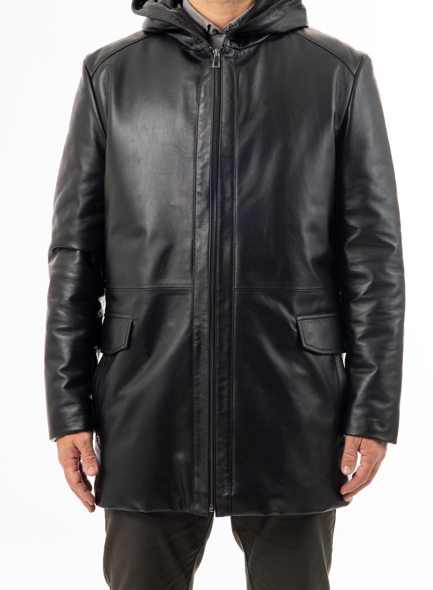 ISIDORE - Men's Long hooded Leather  Jacket