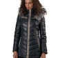 Women's Blue Leather Puffed Jacket with Removable Hood