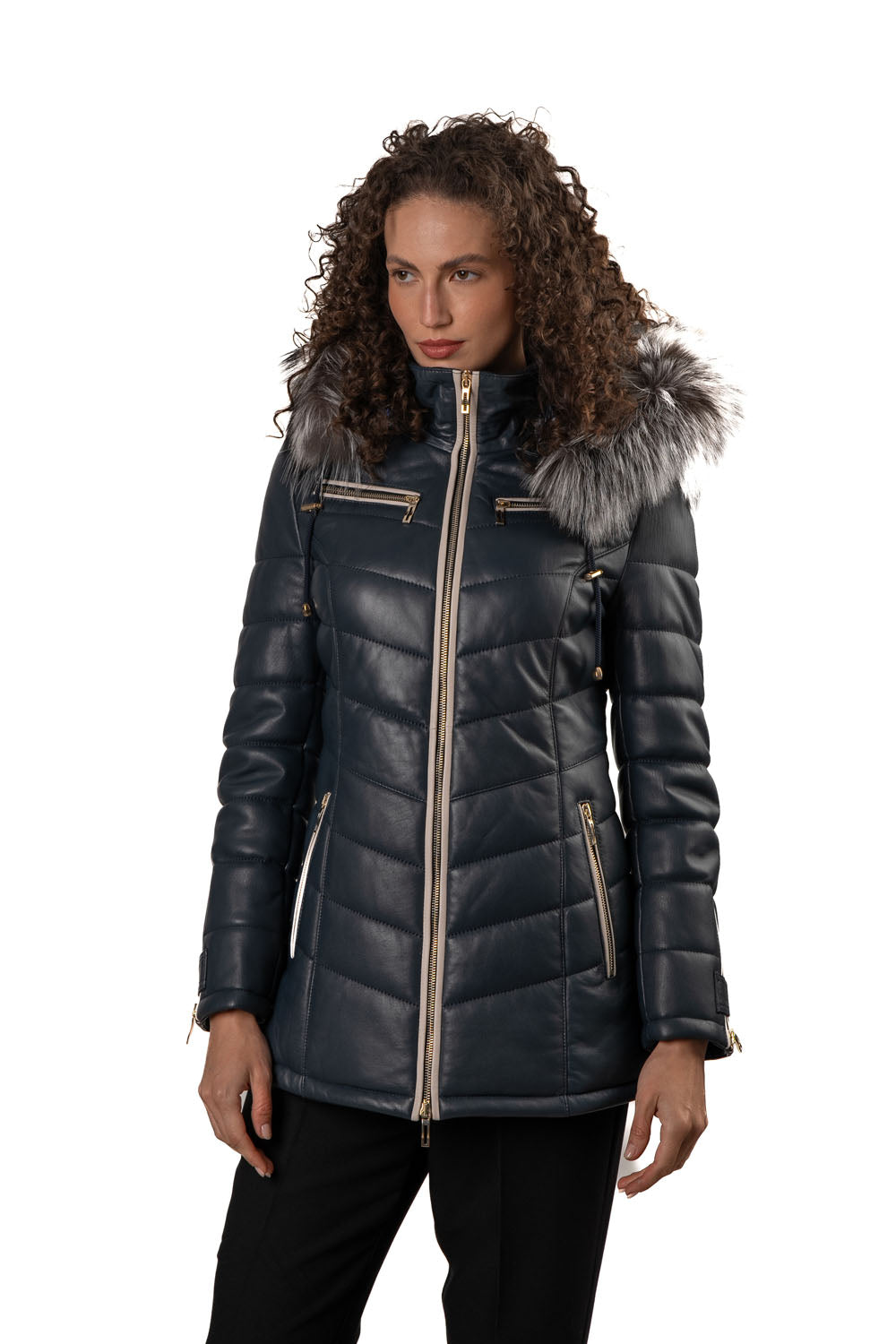 Women's Blue Leather Puffed Jacket with Removable Hood