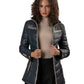 Women's Blue Leather Puffed Jacket with Removable Hood