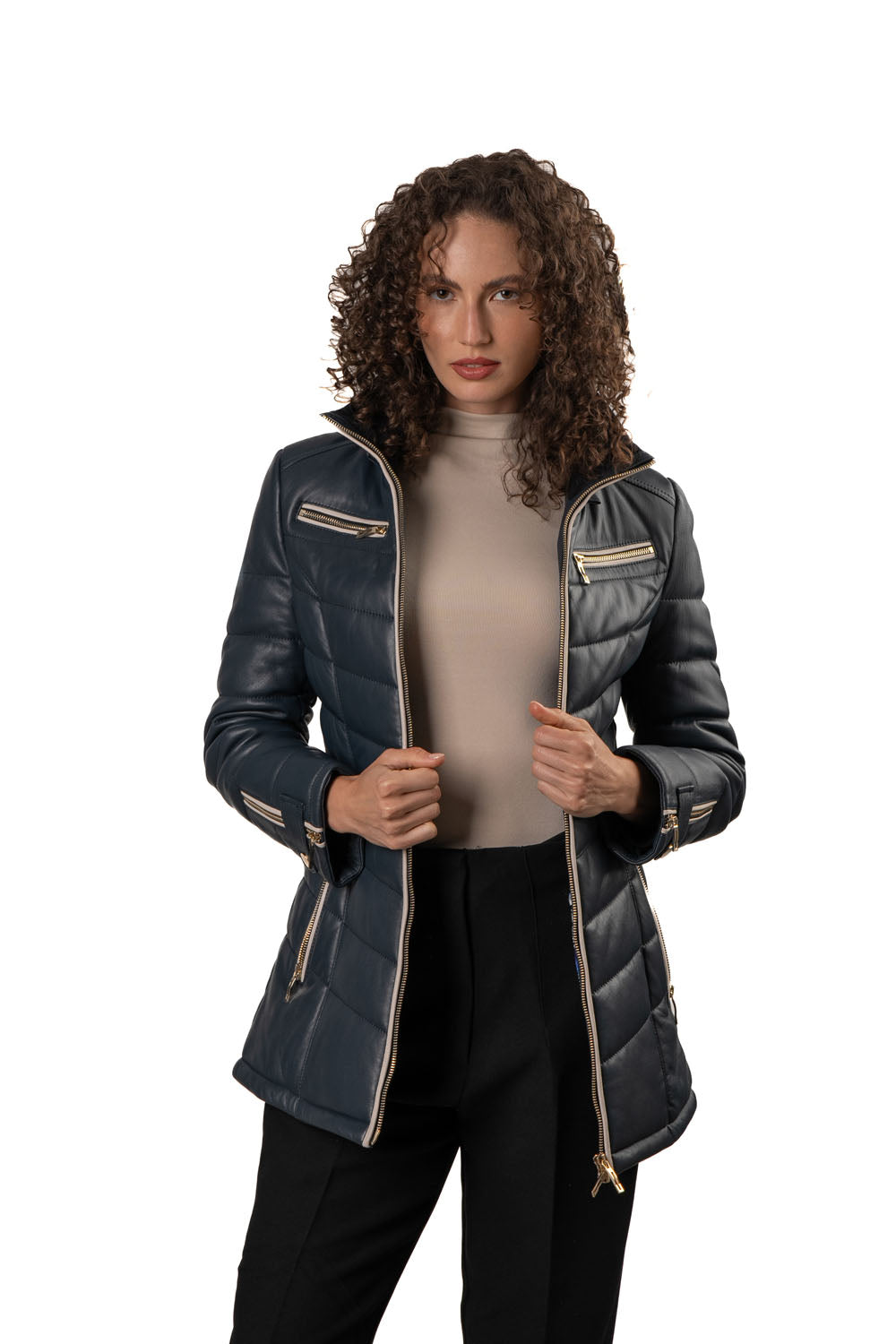 Women's Blue Leather Puffed Jacket with Removable Hood