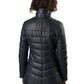 Women's Blue Leather Puffed Jacket with Removable Hood