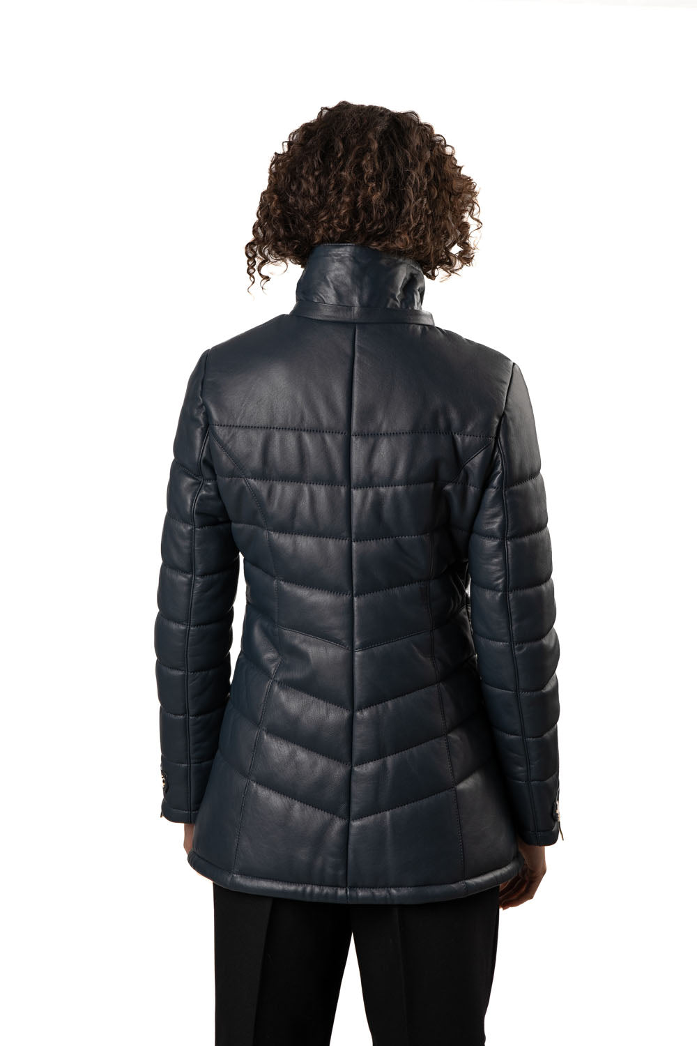 Women's Blue Leather Puffed Jacket with Removable Hood