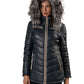 Women's Blue Leather Puffed Jacket with Removable Hood