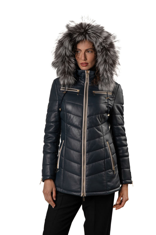 Women's Blue Leather Puffed Jacket with Removable Hood