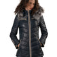 Women's Blue Leather Puffed Jacket with Removable Hood