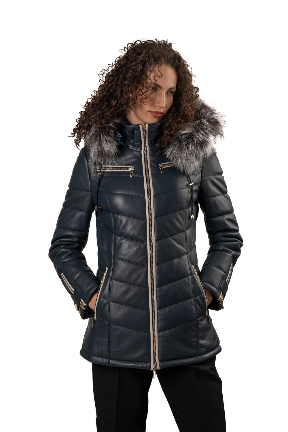Women's Blue Leather Puffed Jacket with Removable Hood