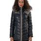 Women's Blue Leather Puffed Jacket with Removable Hood