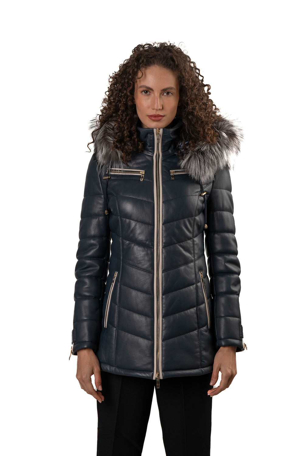 Women's Blue Leather Puffed Jacket with Removable Hood