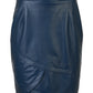 Handmade women’s blue leather pencil skirt, Greek nappa lamb leather, back zipper closure, 55 cm length, model wears size L, front view