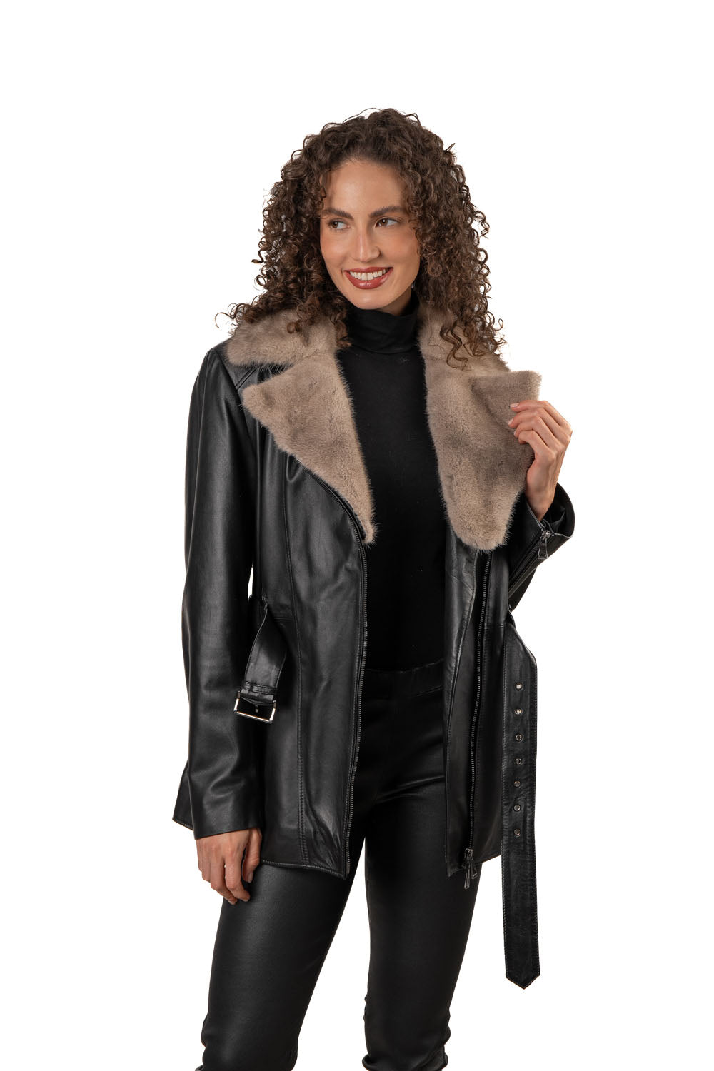 VIARA- Women's Leather Jacket with Fur Collar