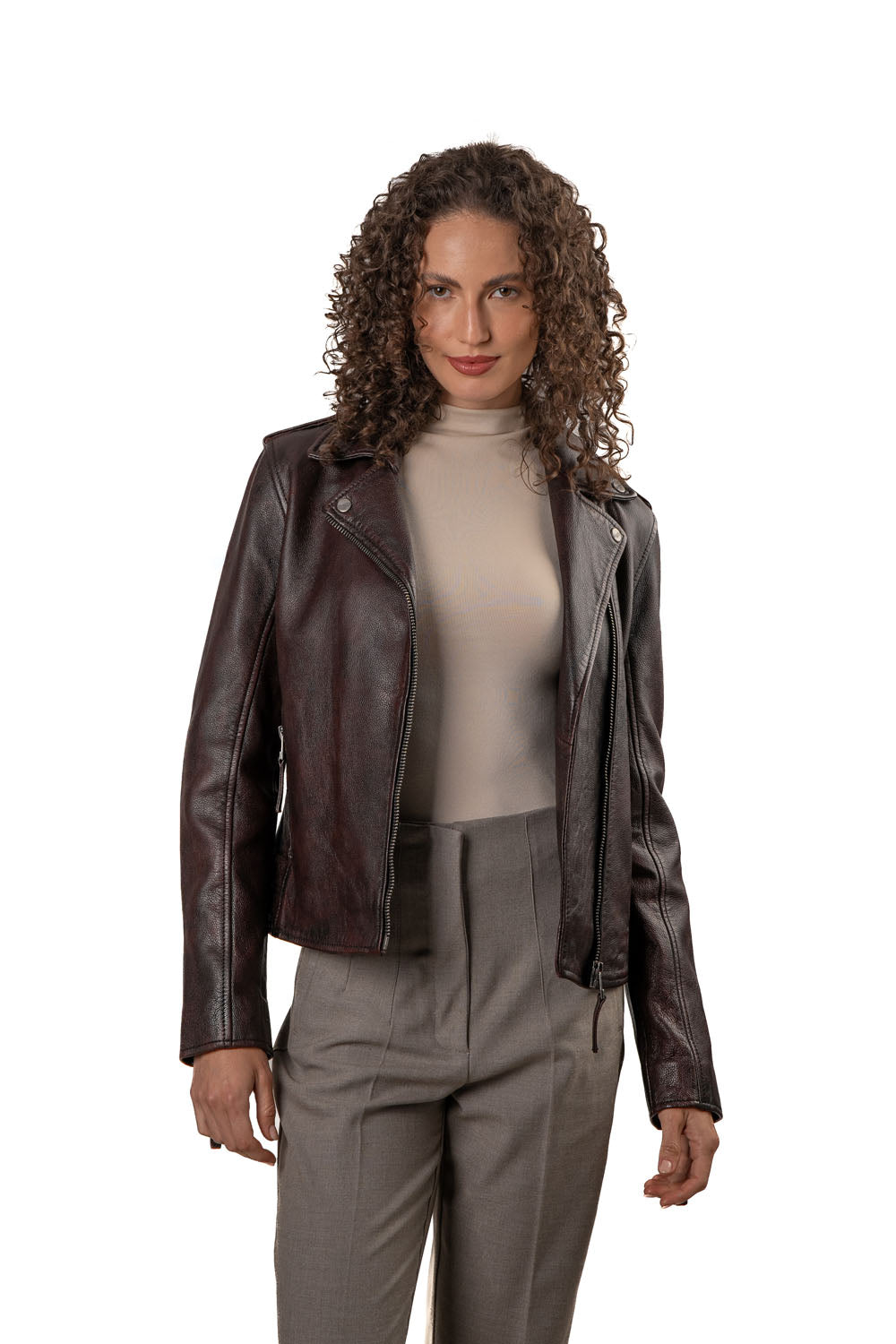 PHOEBE - Women's   Burgundy Biker Leather Jacket