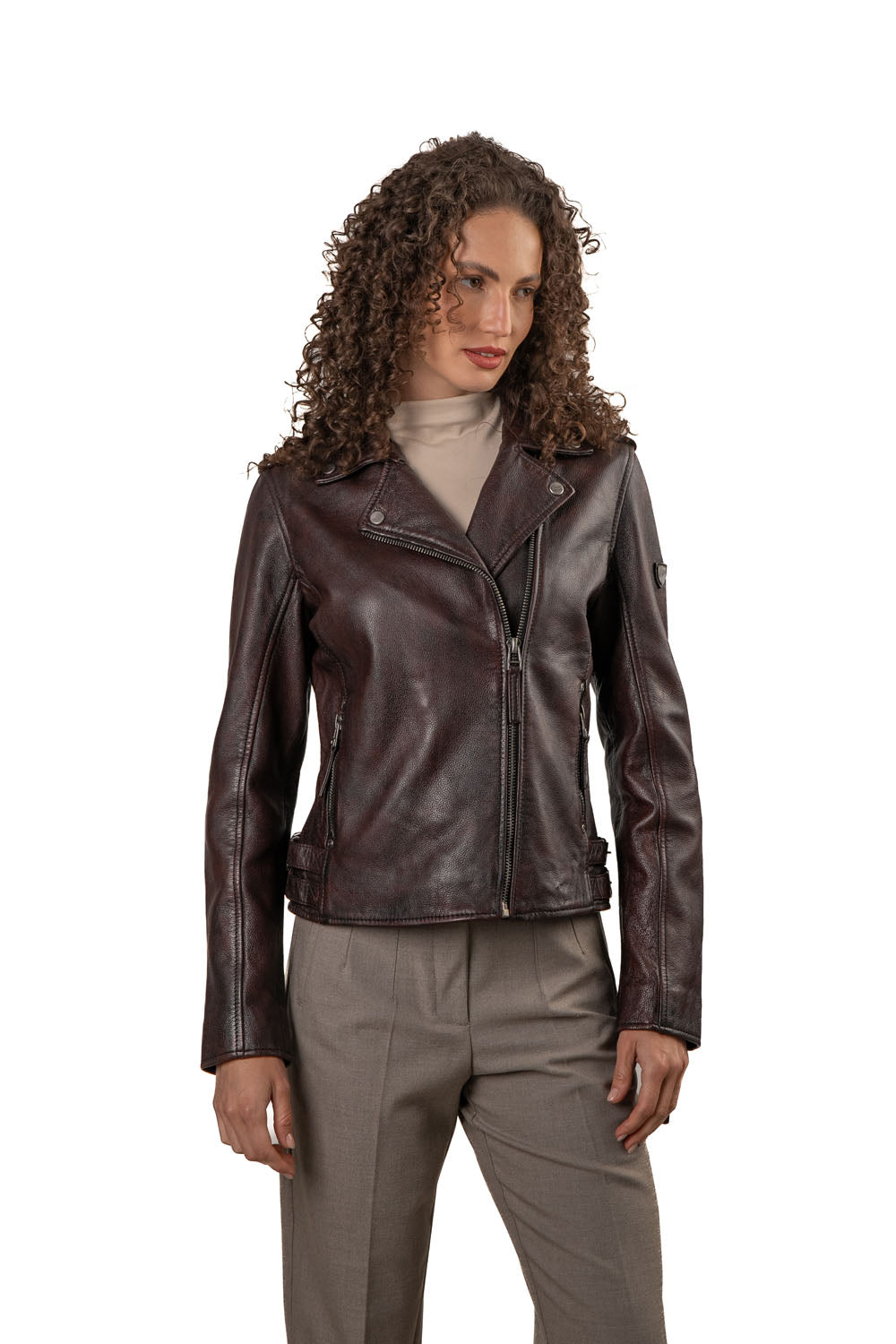 PHOEBE - Women's   Burgundy Biker Leather Jacket