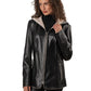 Γυναικείο Δερμάτινο Μπουφάν Με Κουκούλα Σε Διχρωμία Μαύρο – Μπεζ