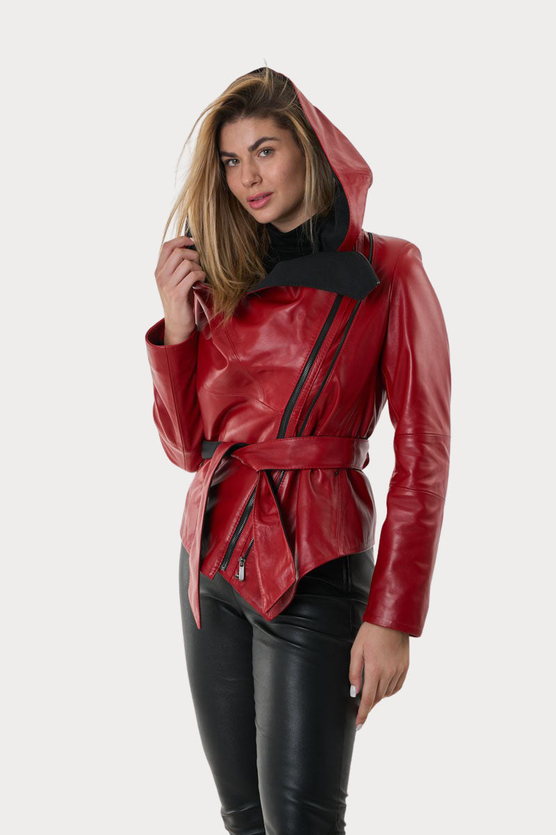 NAMI - Γυναικείο Ασύμετρο Δερμάτινο Κόκκινο Μπουφάν με Κουκούλα