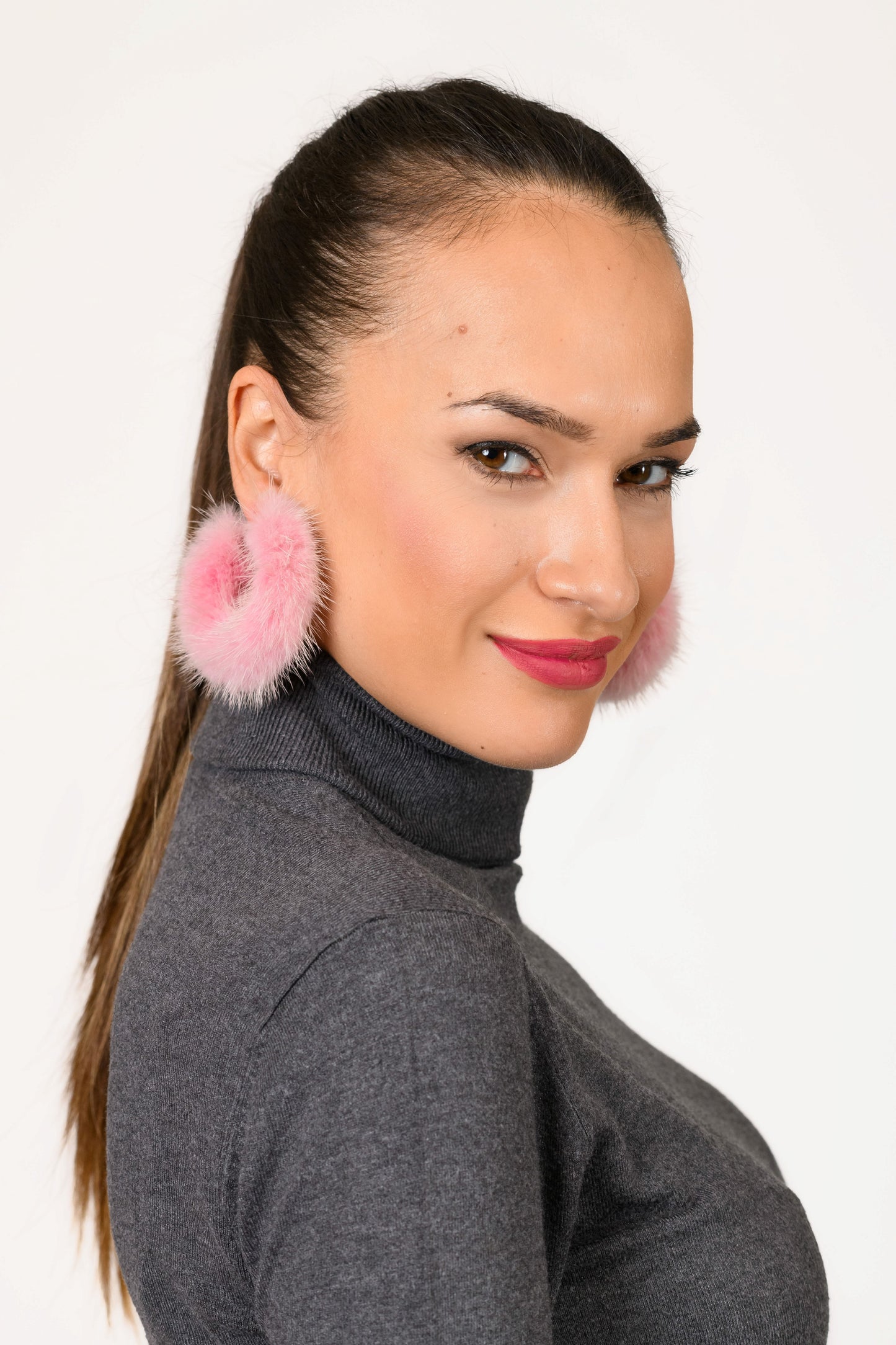 Pink Fur Hoop Earrings . Wrapped Mink HOOPS.