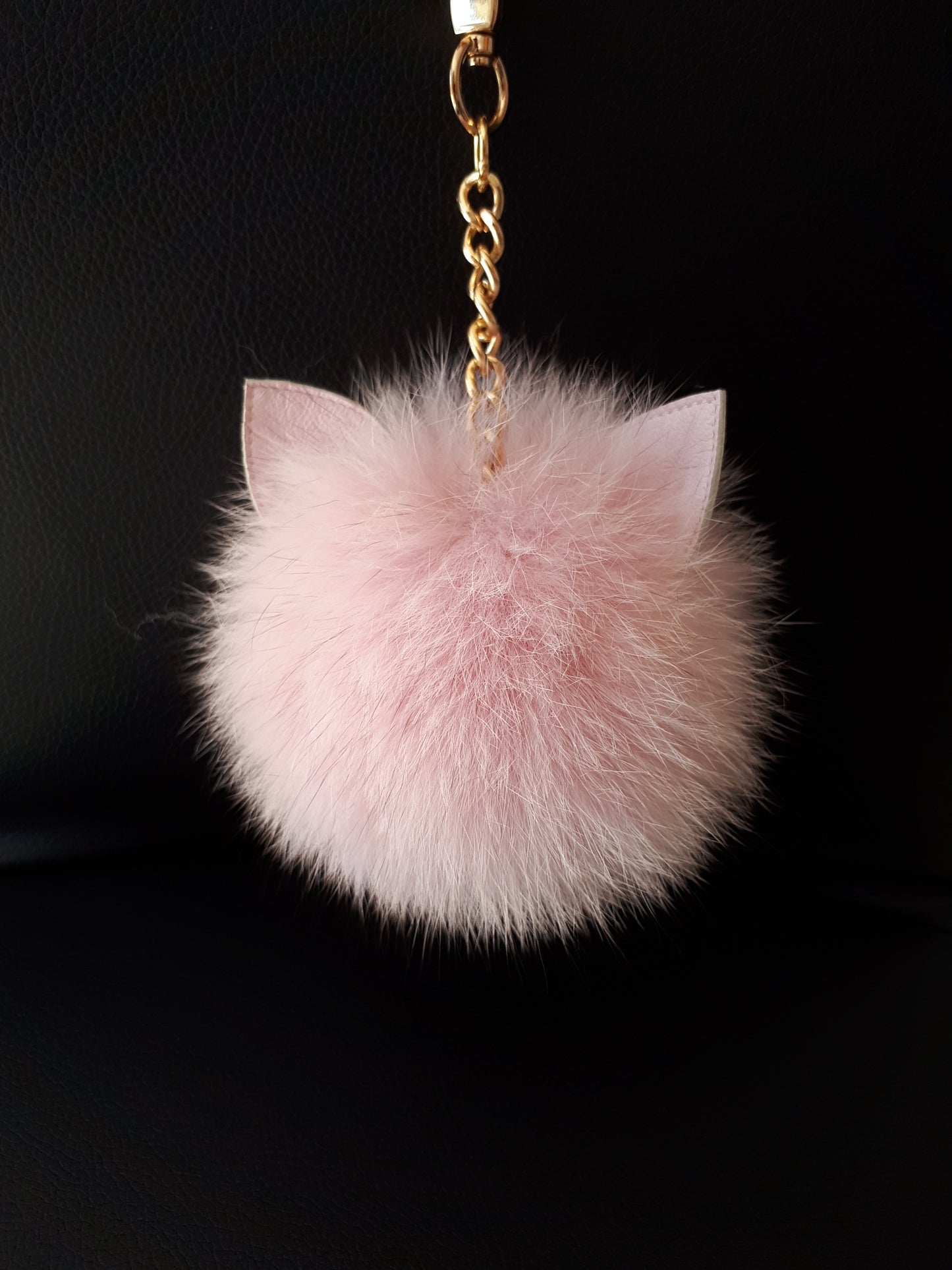Cat fur Pompom keyring. Pink Pompom with Leather Cat Ears.