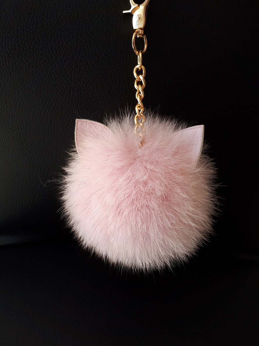Cat fur Pompom keyring. Pink Pompom with Leather Cat Ears.