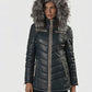 Women's Blue Leather Puffed Jacket with Removable Hood