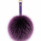 Purple Fur Pompom keychain with genuine leather strap. Real fluffy fur pompom keyring.