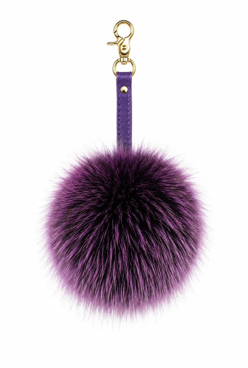 Purple Fur Pompom keychain with genuine leather strap. Real fluffy fur pompom keyring.
