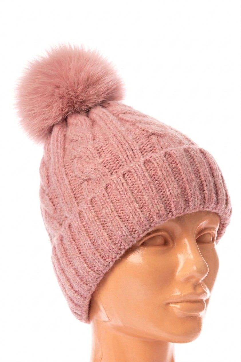 BEANIES with detachable real fur POMPOMS, knit hats with snap fur pompoms.