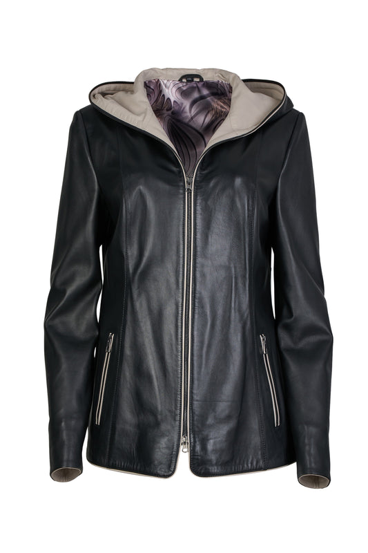 Γυναικείο Δερμάτινο Μπουφάν Με Κουκούλα Σε Διχρωμία Μαύρο – Μπεζ