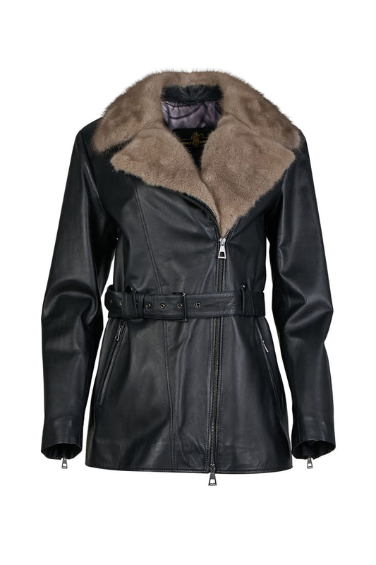 VIARA- Women's Leather Jacket with Fur Collar