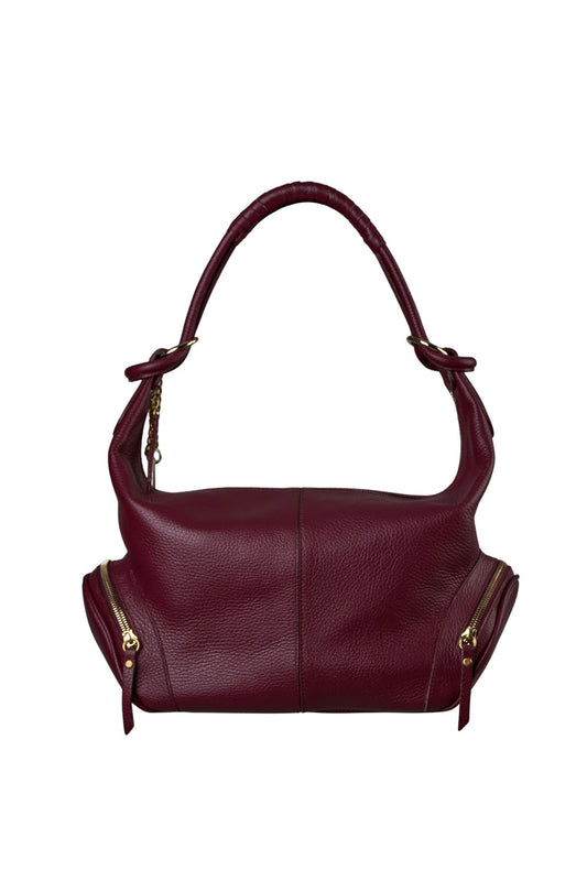 Χειροποίητη Μπορντό  Δερμάτινη Hobo Τσάντα με  Πλαϊνές  τσέπες