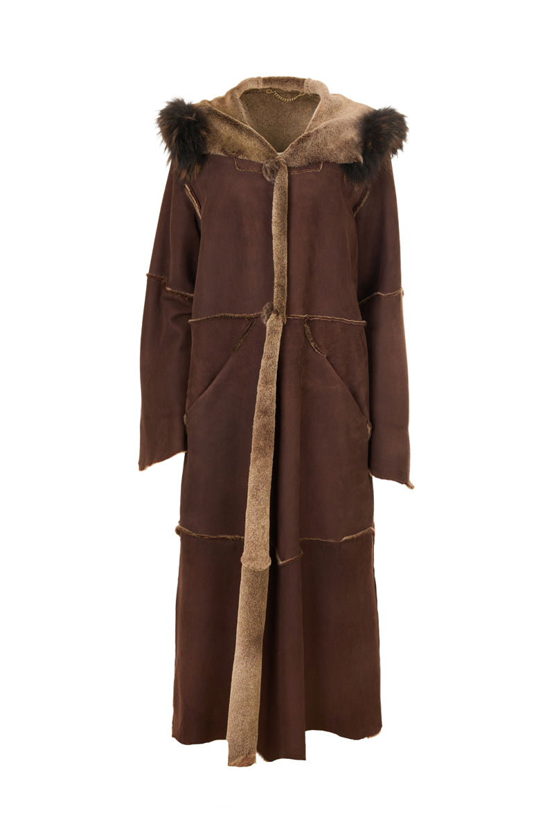 Women's Brown Sheepskin  Hooded Coat with Fur Details