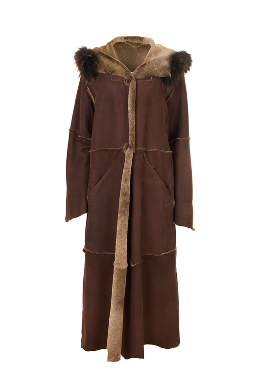 Women's Brown Sheepskin  Hooded Coat with Fur Details