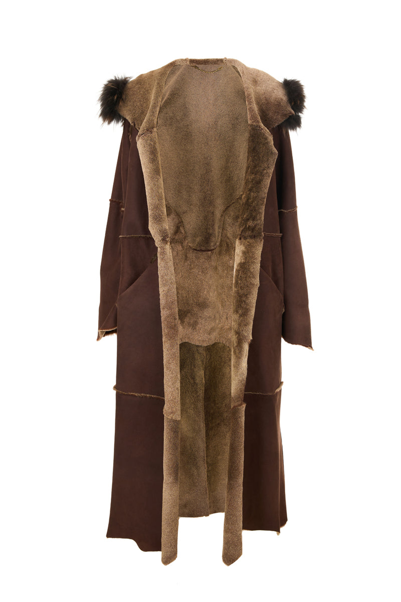 Women's Brown Sheepskin  Hooded Coat with Fur Details