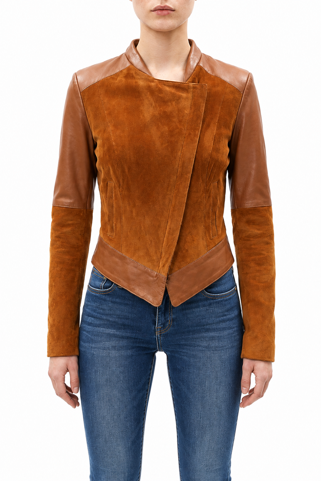 VICKY - Handmade Asymmetric Camel  Leather  Jacket